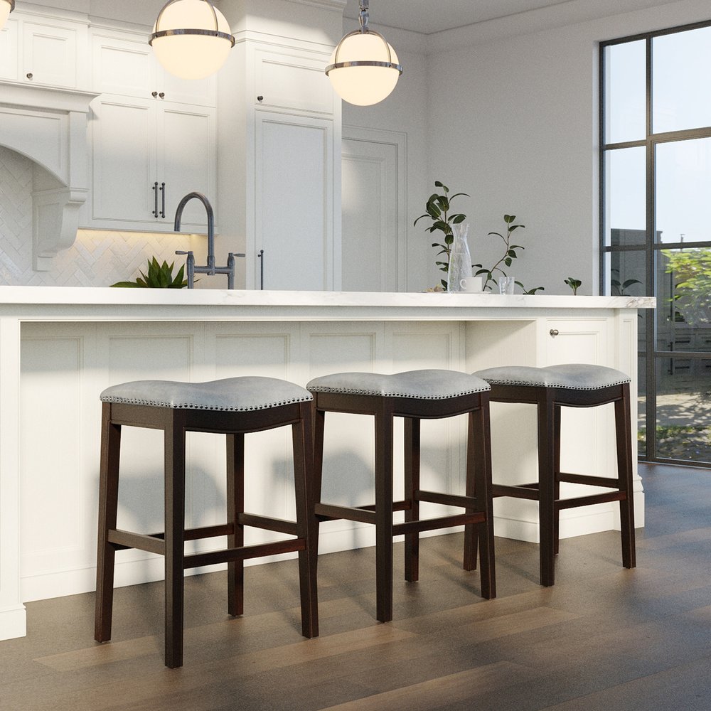 31" Gray and Espresso Faux Leather and Solid Wood Backless Bar Height Bar Chair HomeRoots