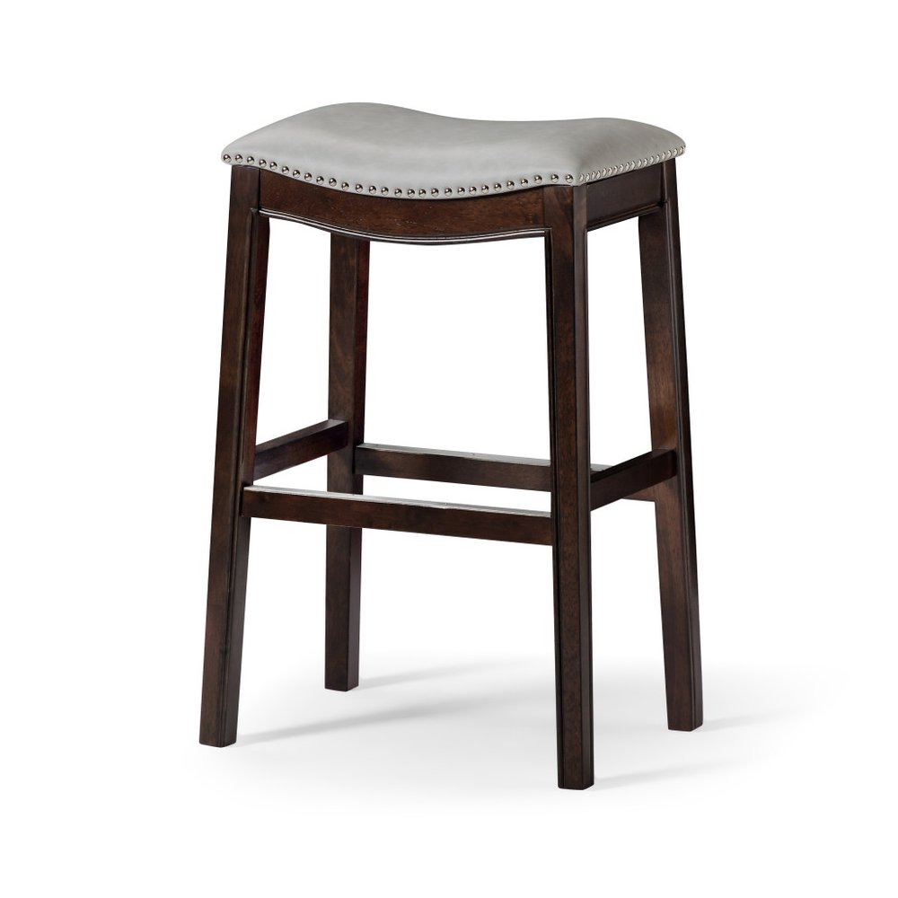 26" Gray And Espresso Faux Leather And Solid Wood Backless Counter Height Bar Chair HomeRoots