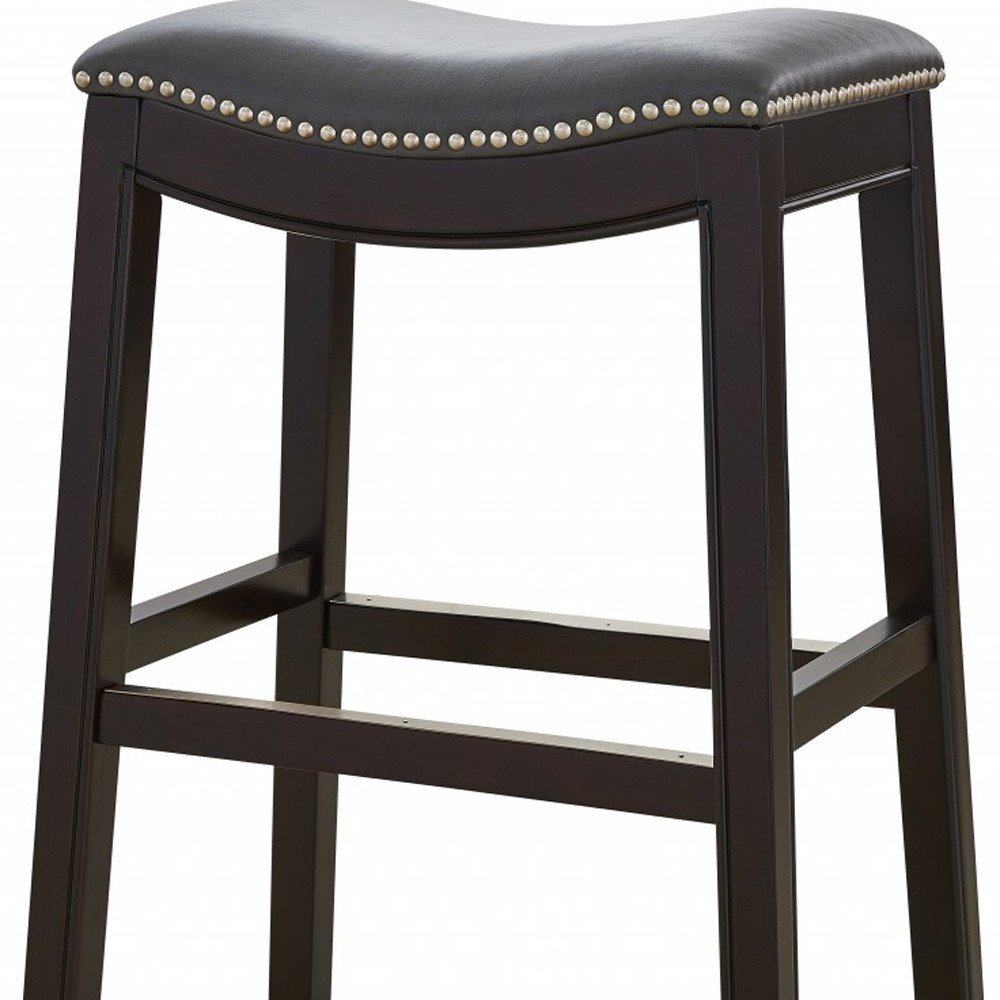 26" Gray And Espresso Faux Leather And Solid Wood Backless Counter Height Bar Chair HomeRoots