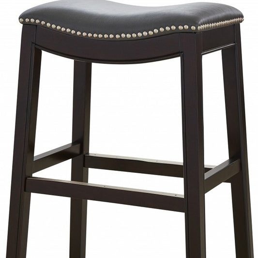 26" Gray And Espresso Faux Leather And Solid Wood Backless Counter Height Bar Chair HomeRoots