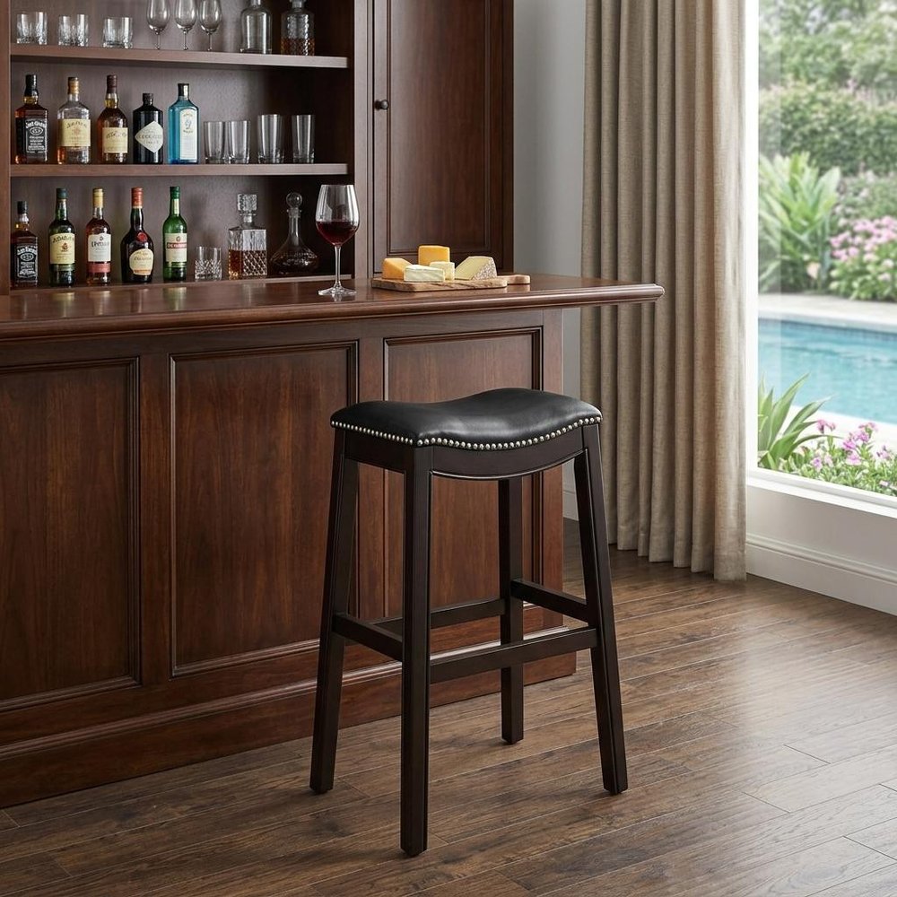 31" Black And Espresso Faux Leather And Solid Wood Backless Bar Height Bar Chair HomeRoots