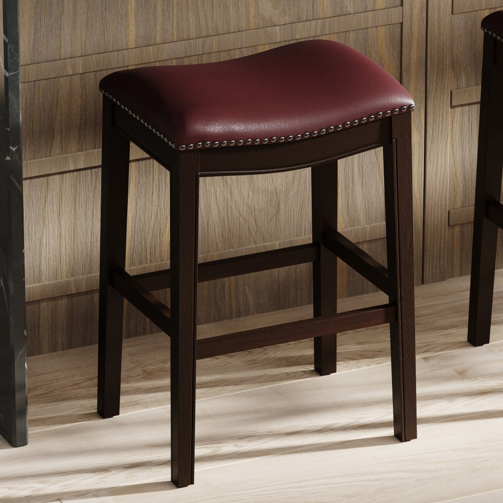31" Dark Red And Espresso Faux Leather And Solid Wood Backless Counter Height Bar Chair HomeRoots