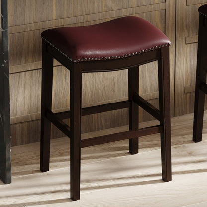 31" Dark Red And Espresso Faux Leather And Solid Wood Backless Counter Height Bar Chair HomeRoots