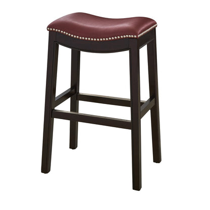 31" Dark Red And Espresso Faux Leather And Solid Wood Backless Counter Height Bar Chair HomeRoots