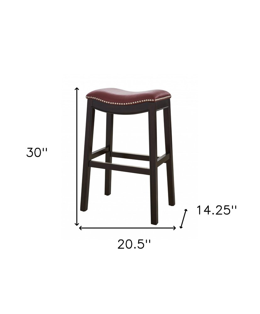 31" Dark Red And Espresso Faux Leather And Solid Wood Backless Counter Height Bar Chair HomeRoots