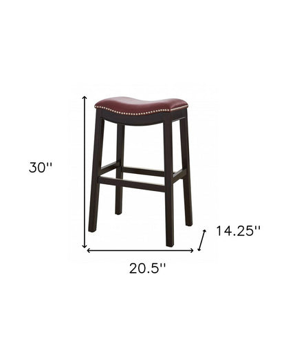 31" Dark Red And Espresso Faux Leather And Solid Wood Backless Counter Height Bar Chair HomeRoots