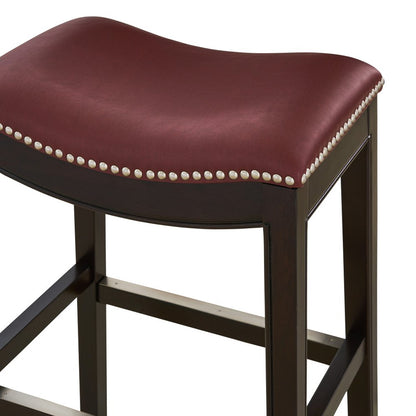 26" Dark Red And Espresso Faux Leather And Solid Wood Backless Counter Height Bar Chair HomeRoots