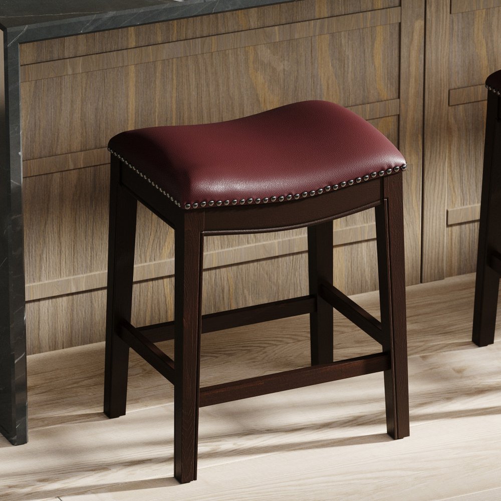 26" Dark Red And Espresso Faux Leather And Solid Wood Backless Counter Height Bar Chair HomeRoots