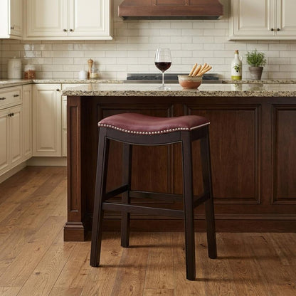 26" Dark Red And Espresso Faux Leather And Solid Wood Backless Counter Height Bar Chair HomeRoots