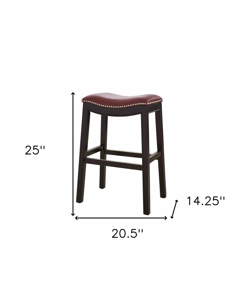 26" Dark Red And Espresso Faux Leather And Solid Wood Backless Counter Height Bar Chair HomeRoots