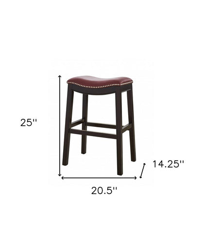 26" Dark Red And Espresso Faux Leather And Solid Wood Backless Counter Height Bar Chair HomeRoots