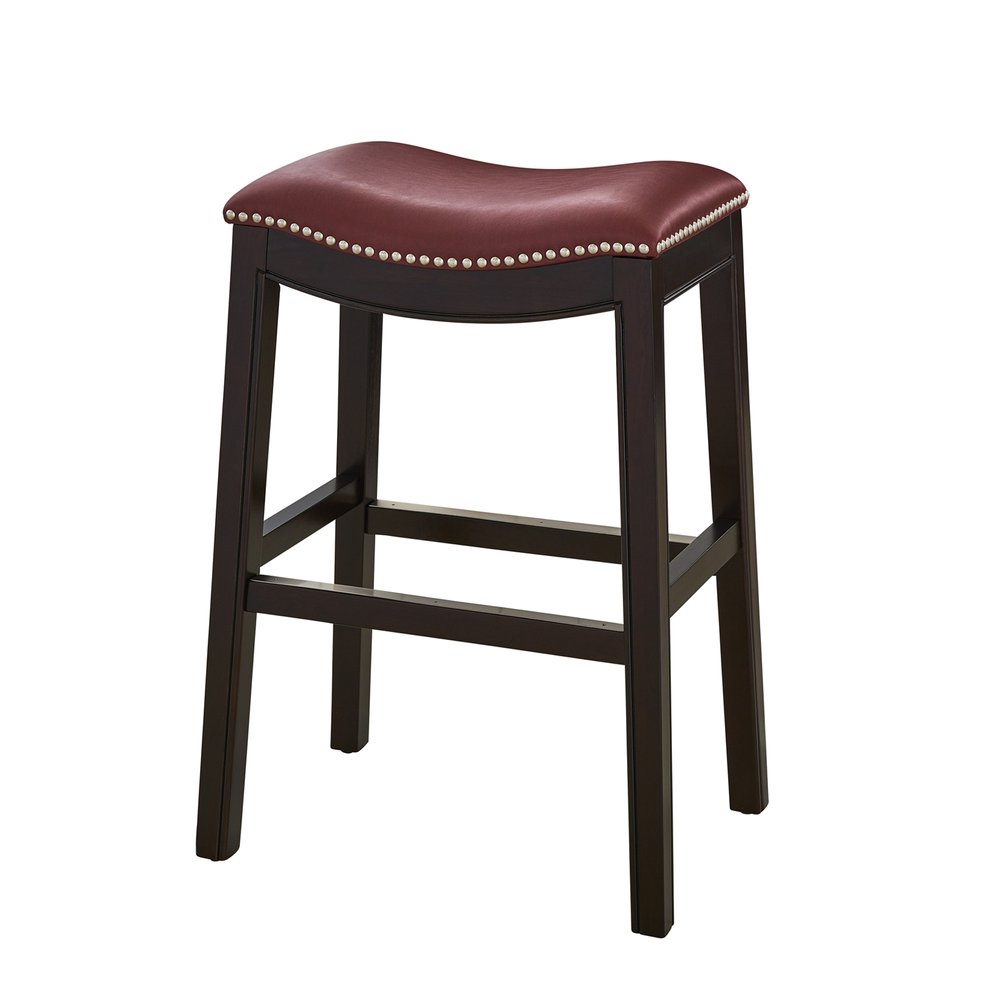 26" Dark Red And Espresso Faux Leather And Solid Wood Backless Counter Height Bar Chair HomeRoots