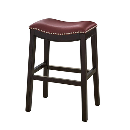 26" Dark Red And Espresso Faux Leather And Solid Wood Backless Counter Height Bar Chair HomeRoots