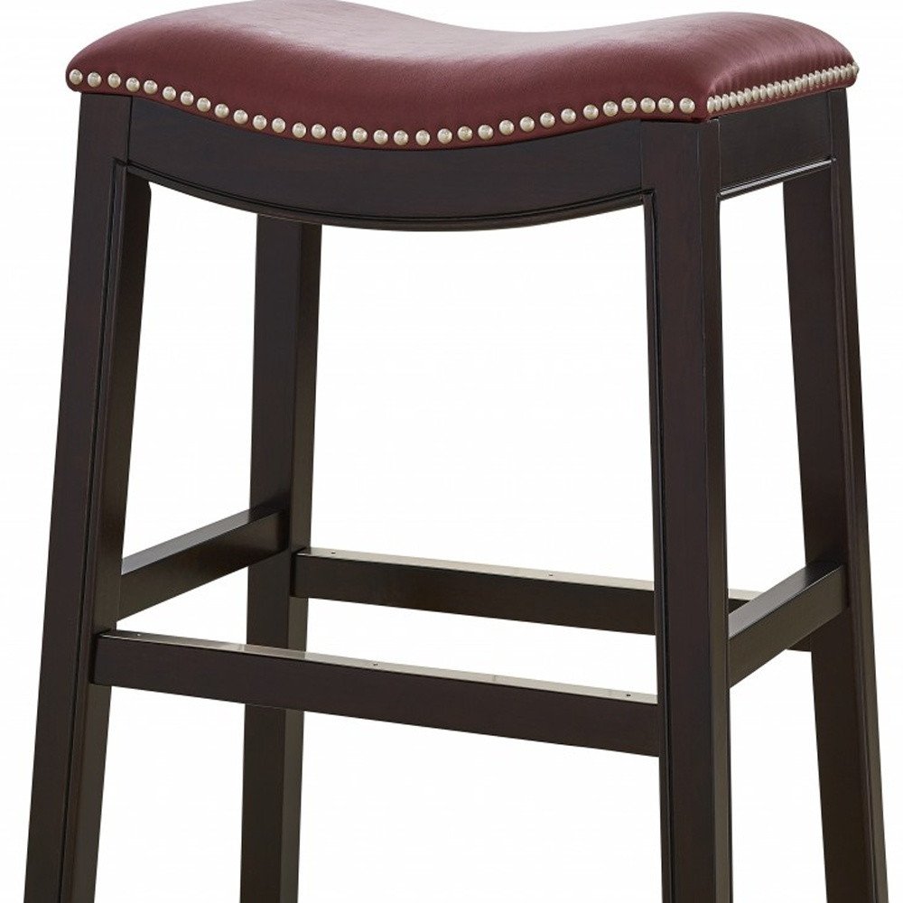 26" Dark Red And Espresso Faux Leather And Solid Wood Backless Counter Height Bar Chair HomeRoots