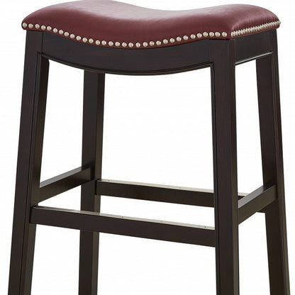 26" Dark Red And Espresso Faux Leather And Solid Wood Backless Counter Height Bar Chair HomeRoots