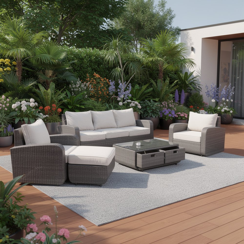 Five Piece Brown and Beige Wicker Sofa Seating Group With Table — view 1