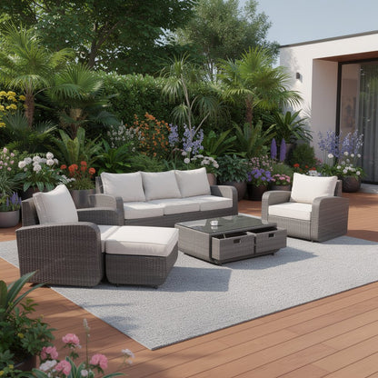 Five Piece Brown and Beige Wicker Sofa Seating Group With Table HomeRoots