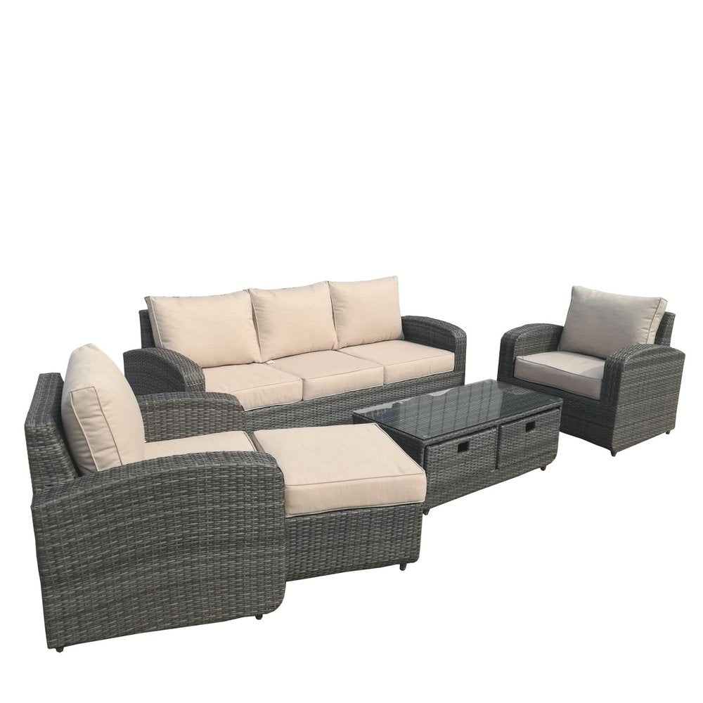 Five Piece Gray and Beige Wicker Sofa Seating Group With Table — view 2