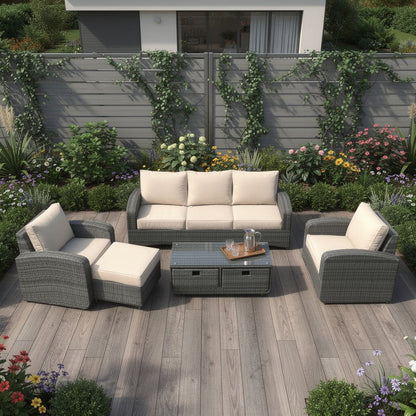 Five Piece Gray and Beige Wicker Sofa Seating Group With Table HomeRoots