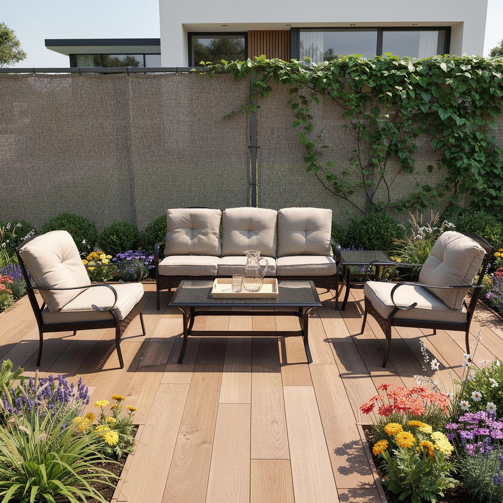 Five Piece Black and Beige Metal Sofa Seating Group With Table HomeRoots