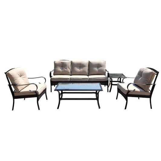 Five Piece Black and Beige Metal Sofa Seating Group With Table