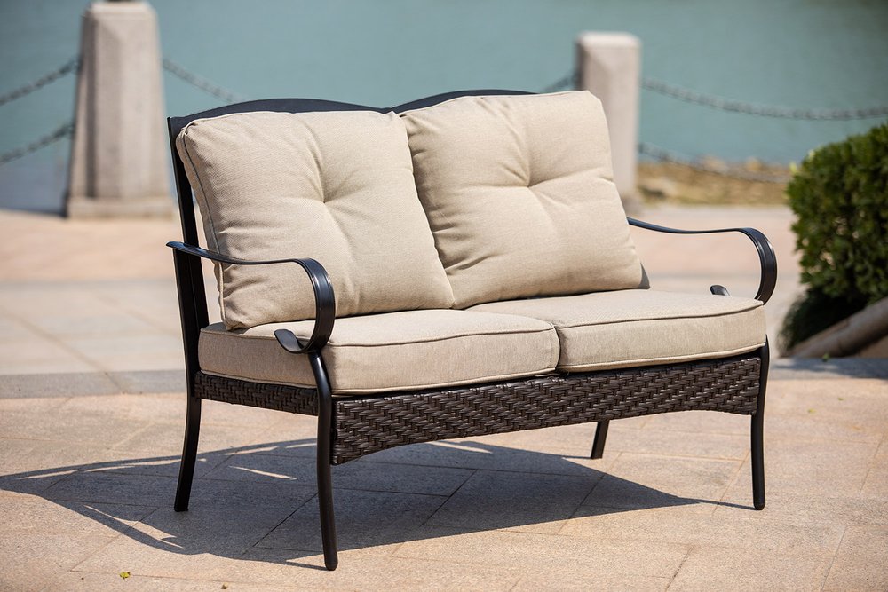 Five Piece Black and Beige Metal Sofa Seating Group With Table — view 5