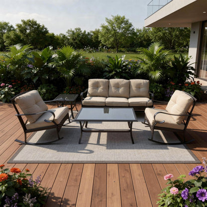 Five Piece Black and Beige Metal Sofa Seating Group With Table HomeRoots