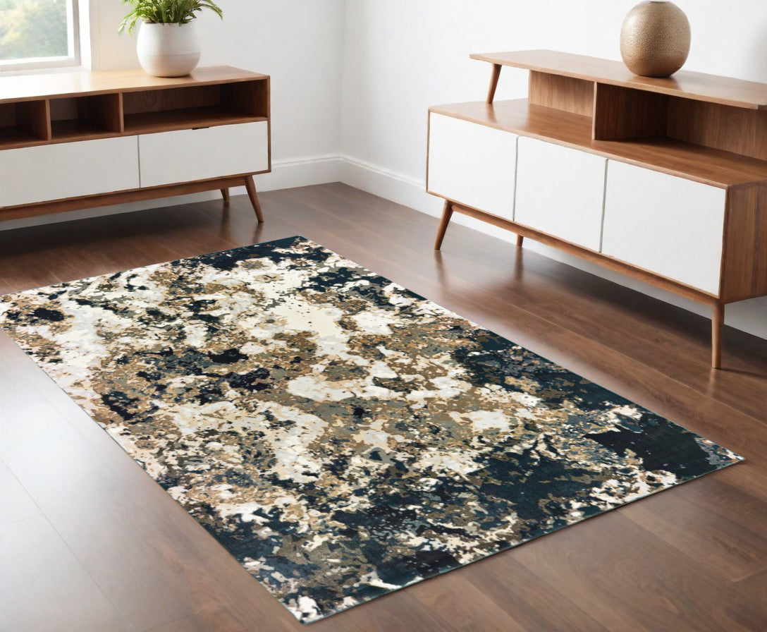 3' X 6' Ivory Navy Abstract Marble Indoor Area Rug - 94.49" (L) x 133.86" (W) x 0.31" (H) FurniFindUSA