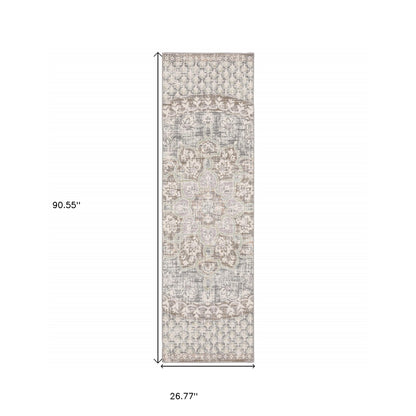 7' Ivory Grey Distressed Oversize Medallion Indoor Runner Rug