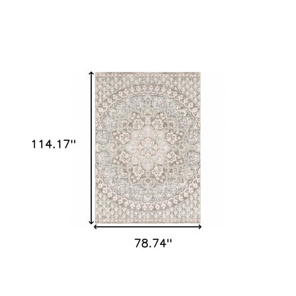 7' Ivory Grey Distressed Oversize Medallion Indoor Runner Rug