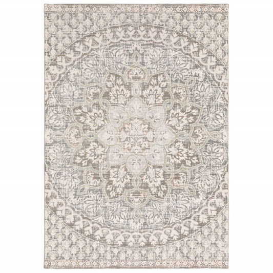 7' X 10' Ivory Grey Distresed Oversize Medallion Indoor Area Rug - 94.49" (H) x 129.92" (W) x 0.39" (D)