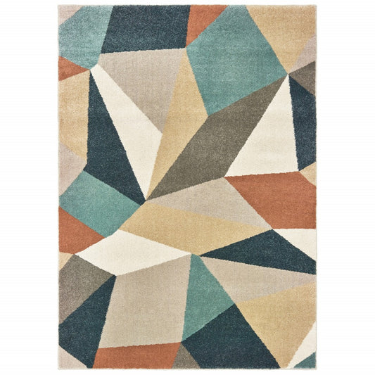 5' X 7' Blue Green Beige Retro Wedge Indoor Indoor Area Rug - 62.99" (H) x 86.61" (W) x 0.39" (D)