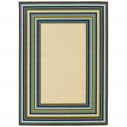 Ivory and Blue Striped Indoor Outdoor Area Rug - 1" (L) x 166" (W) x 43" (H)