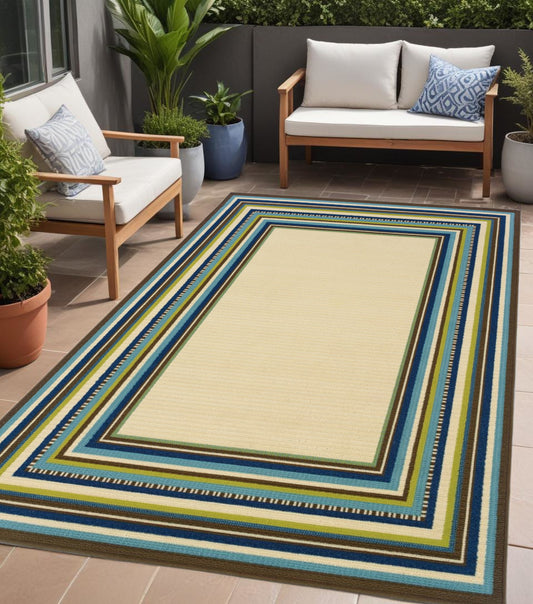 Ivory and Blue Striped Indoor Outdoor Area Rug - 1" (L) x 166" (W) x 43" (H)