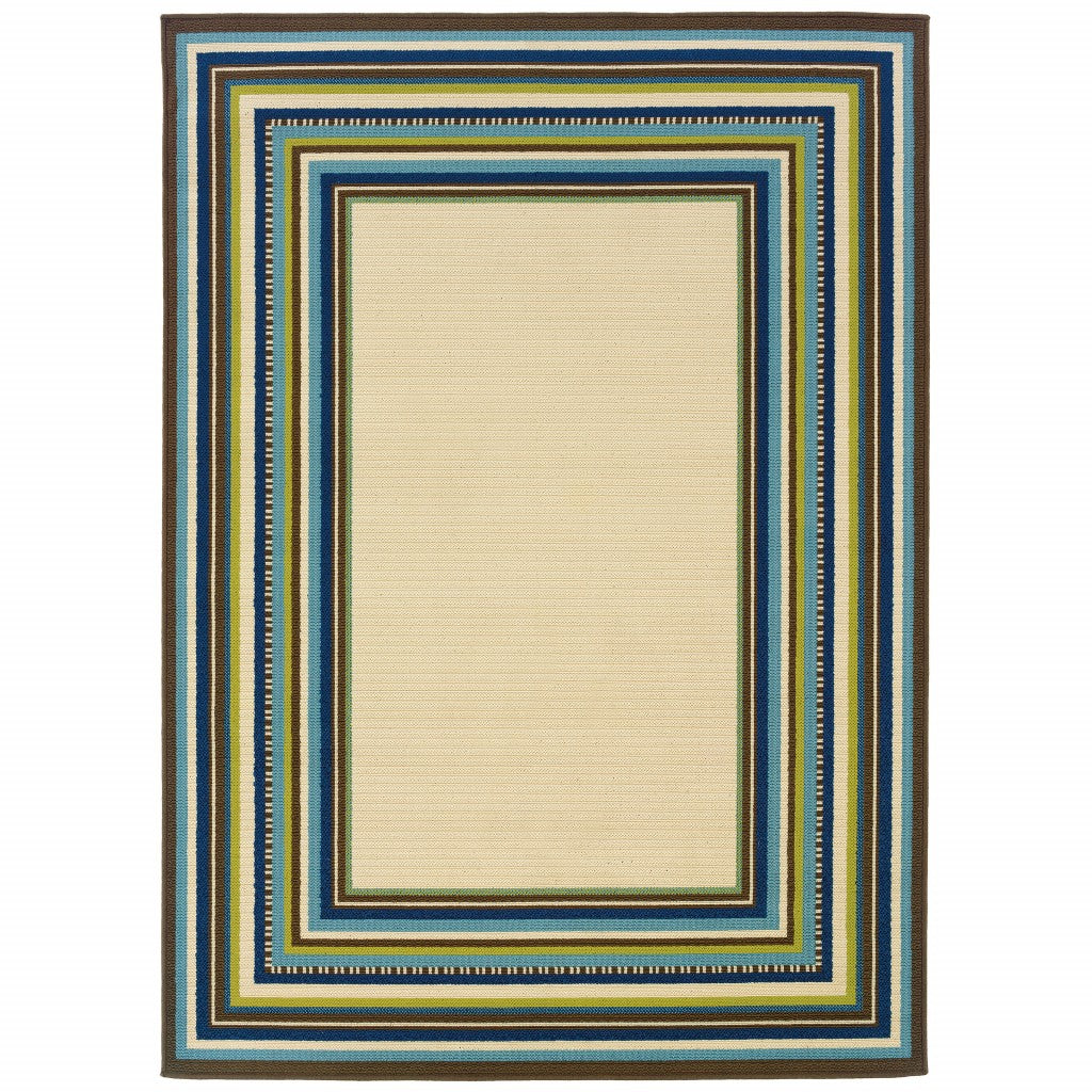 Ivory and Blue Striped Indoor Outdoor Area Rug - 1" (L) x 190" (W) x 62" (H)