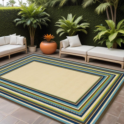 Ivory and Blue Striped Indoor Outdoor Area Rug - 1" (L) x 114" (W) x 78" (H)