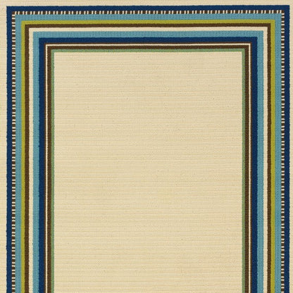 Ivory and Blue Striped Indoor Outdoor Area Rug - 1" (L) x 129" (W) x 94" (H)