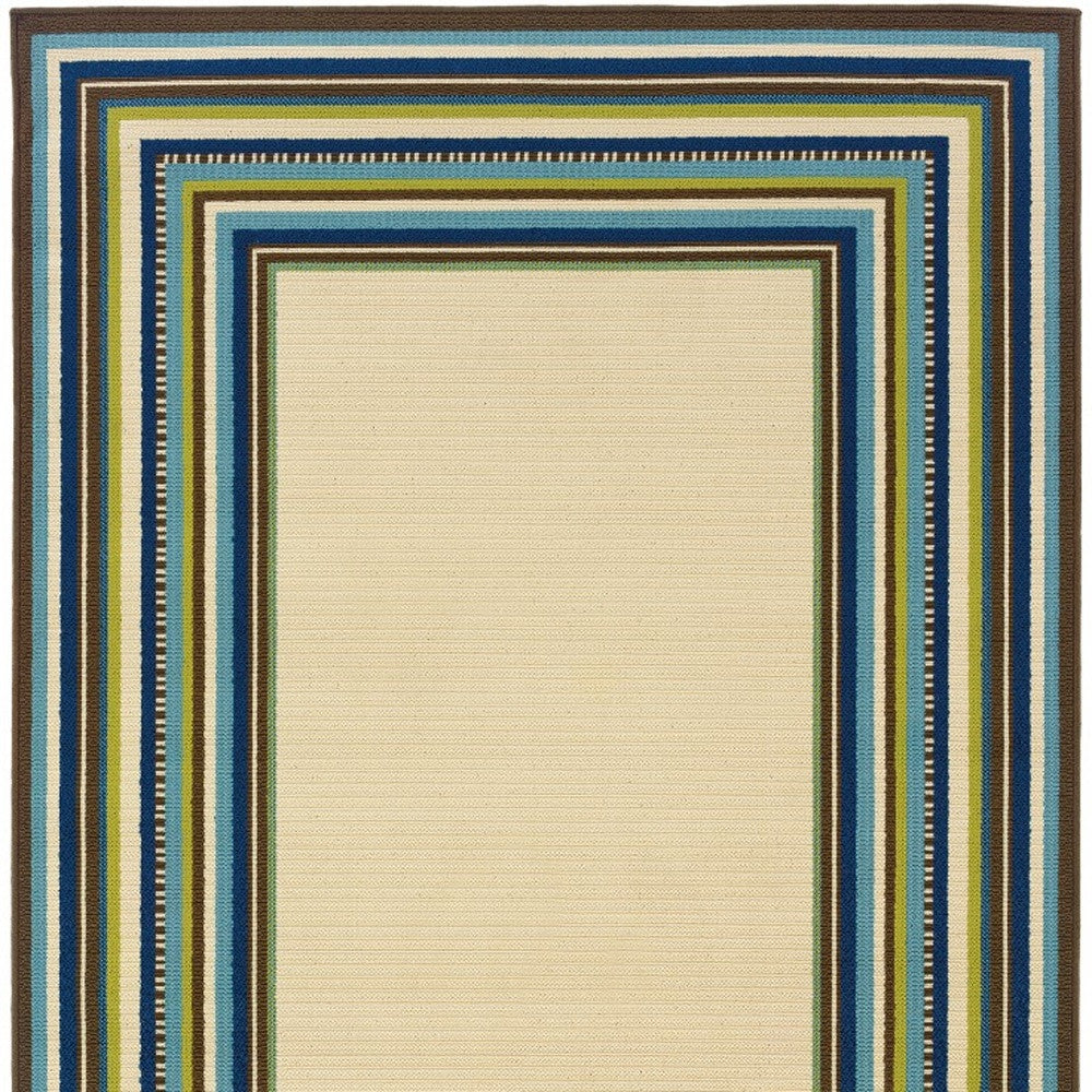 Ivory and Blue Striped Indoor Outdoor Area Rug - 1" (L) x 129" (W) x 94" (H)