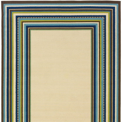 Ivory and Blue Striped Indoor Outdoor Area Rug - 1" (L) x 129" (W) x 94" (H)