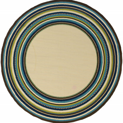 Ivory and Blue Round Striped Indoor Outdoor Area Rug