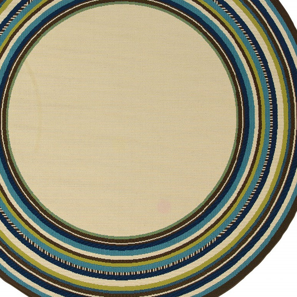 Ivory and Blue Round Striped Indoor Outdoor Area Rug