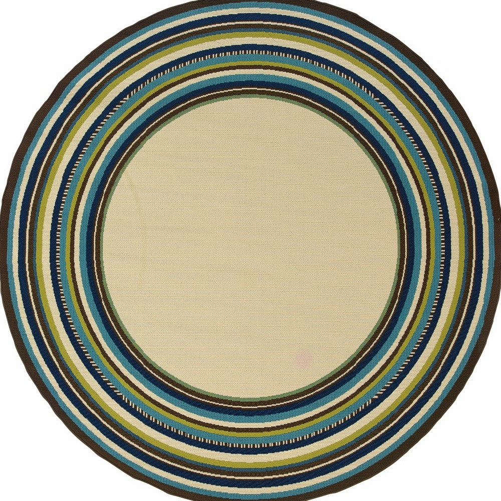 Ivory and Blue Round Striped Indoor Outdoor Area Rug