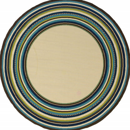 Ivory and Blue Round Striped Indoor Outdoor Area Rug