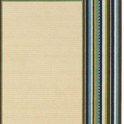 Ivory and Blue Striped Indoor Outdoor Area Rug - 1" (L) x 155" (W) x 101" (H)