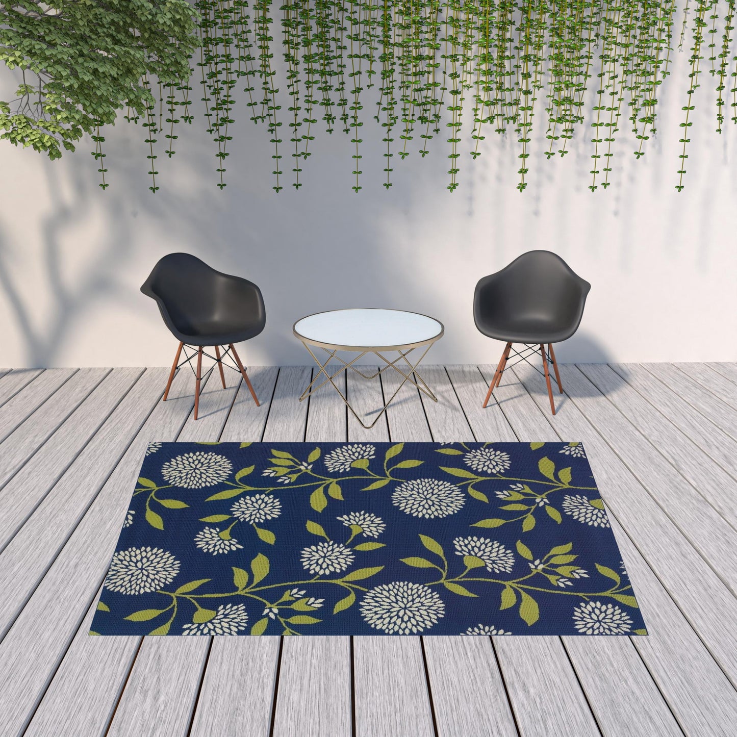 Blue and Green Floral Indoor Outdoor Area Rug - 1" (L) x 114" (W) x 78" (H)