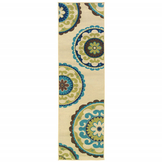 2' X 8' Green and Ivory Floral Indoor Outdoor Area Rug - FurniFindUSA