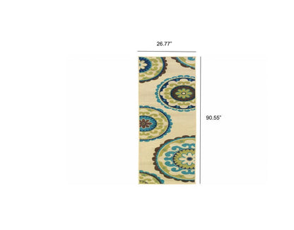 2' X 8' Green and Ivory Floral Indoor Outdoor Area Rug - FurniFindUSA