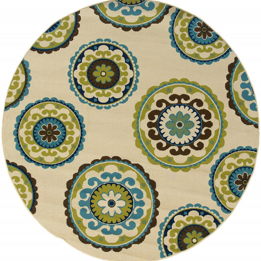 8' X 8' Green and Ivory Round Floral Indoor Outdoor Area Rug