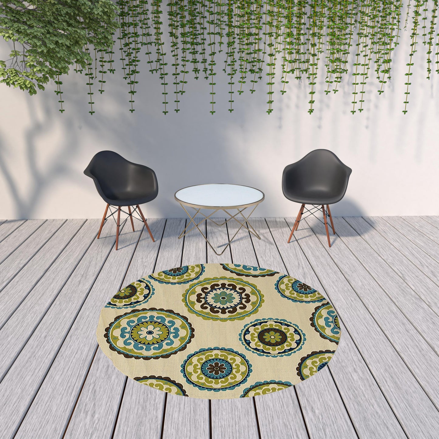 8' X 8' Green and Ivory Round Floral Indoor Outdoor Area Rug