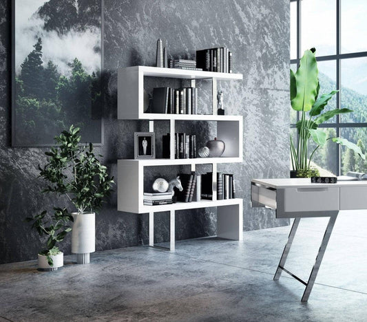 67" White Stainless Steel Four Tier Geometric Bookcase - FurniFindUSA